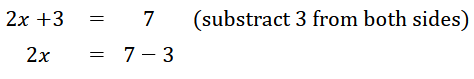 A screenshot of two lines of equation solving. The first has commentary as text that reads 'substract 3 from both sides'. It is sort of to the side of the actual equations.