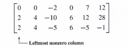 6 by 3 matrix with a arrow on the bottom of it pointing to the first column of the matrix with the text 'Left most nonzero column'.