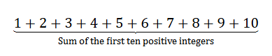1 + 2 + 3 + 4 + 5 + 6 + 7 + 8 + 9 + 10, with bottom brace below, with sum of the first 10 positive integers below